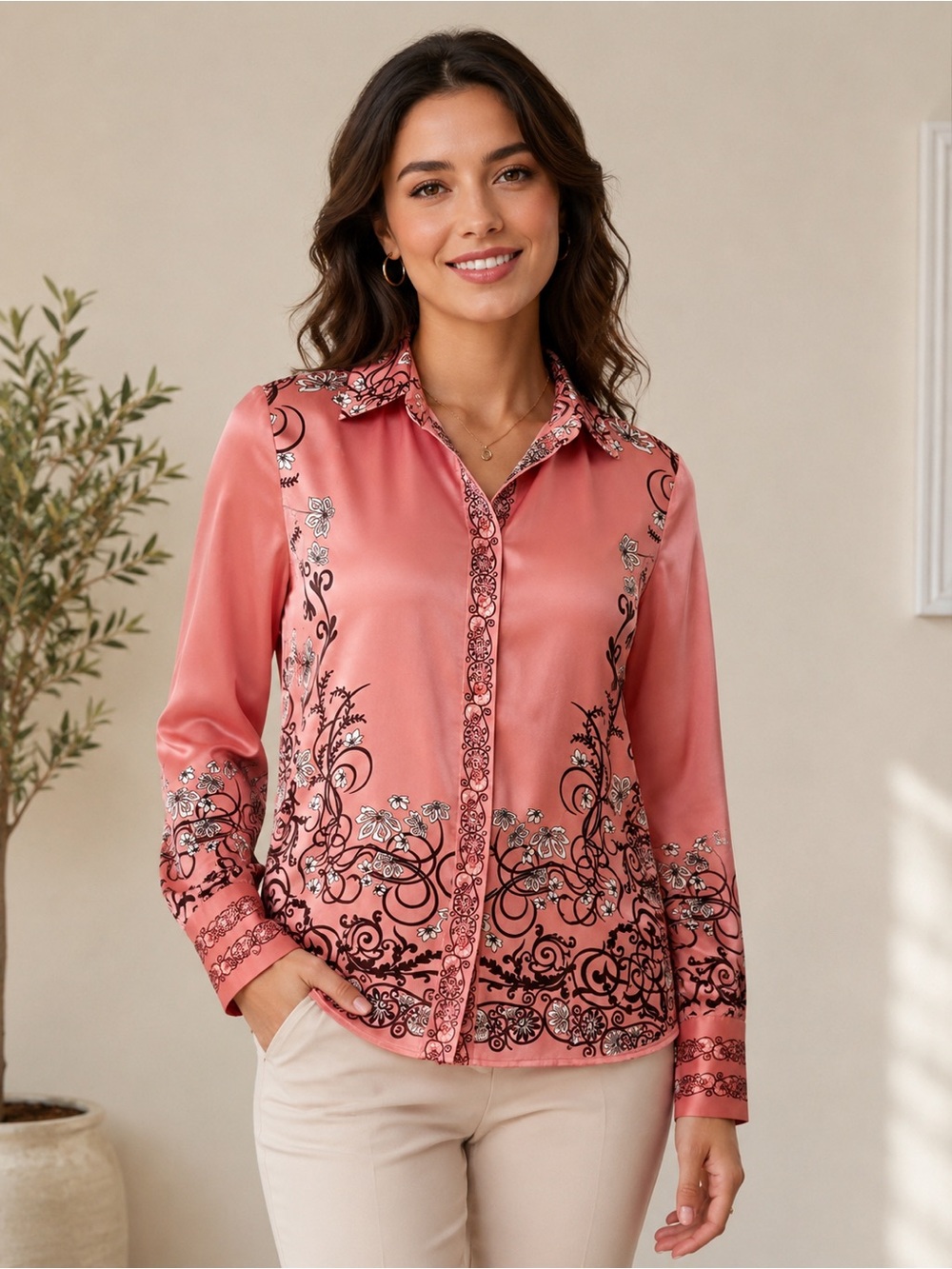Rachel Zoe Rose Pink Satin Floral-Scroll Button Front Blouse